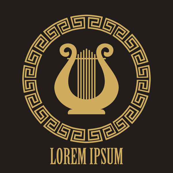 Golden lyre / music theme icon.Harp logo.Lira musical instrument