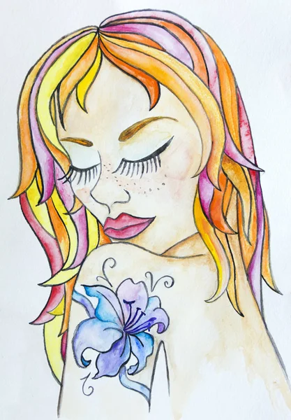 Portrait of beautiful young woman with colorful hair and flower tattoo on her shoulder. Watercolor hand drawn art. Cute woman with eyes closed.
