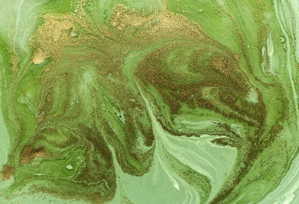 Marbled green and gold abstract background. Liquid marble pattern