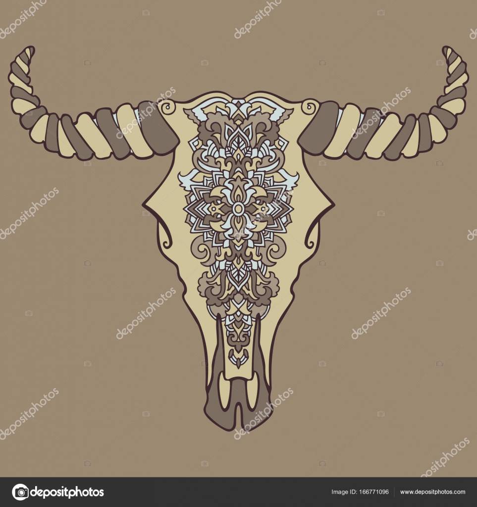 Testa di mucca guasto di Mandala tatuaggio stile Cranio della buffalo ornamento decorativo Arte indiana nativa Illustrazione di vettore Disegno di