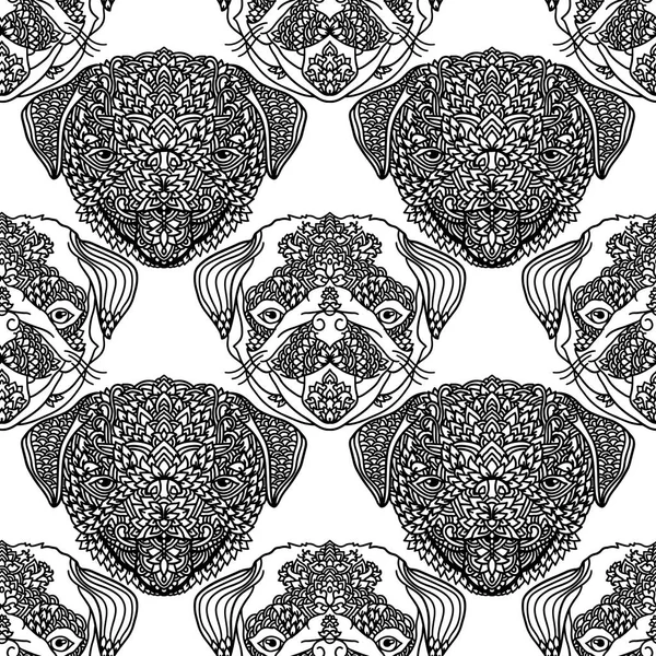 Seamless pattern with cute dogs. Pug puppy background in mandala style. Black and white vector illustration.