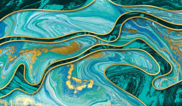 Amazing luxury yellow gold agate ripple pattern. Blue wave and golden glitter abstract background.