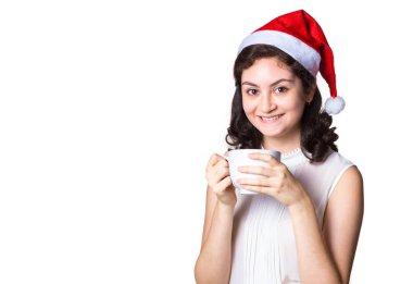 Young happy woman holding white coffee cup on white background clipart