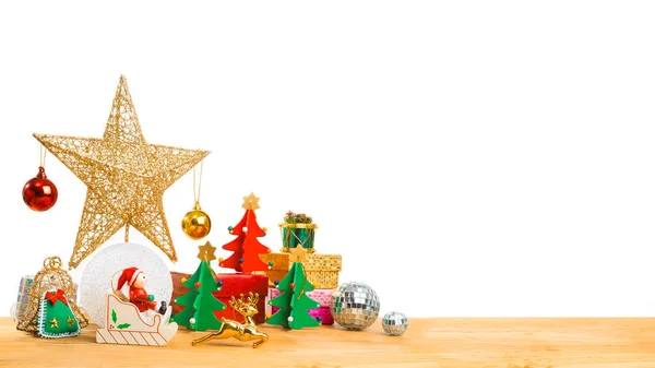 Christmas theme ornaments on wood floor — Stock Photo, Image