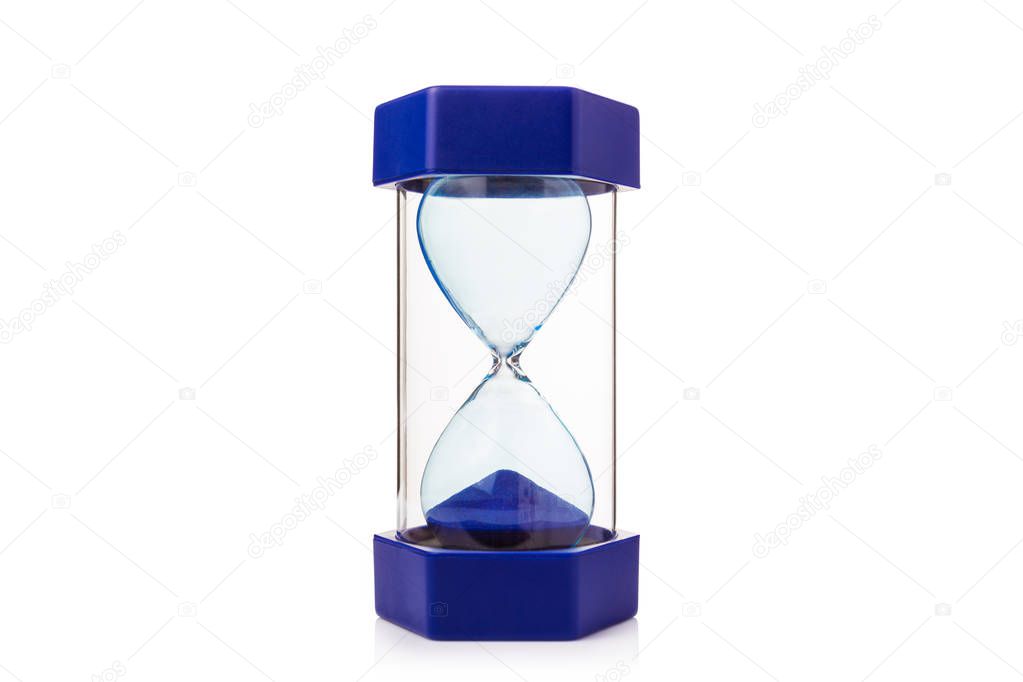 hourglass on white background showing all blue sand at the botto