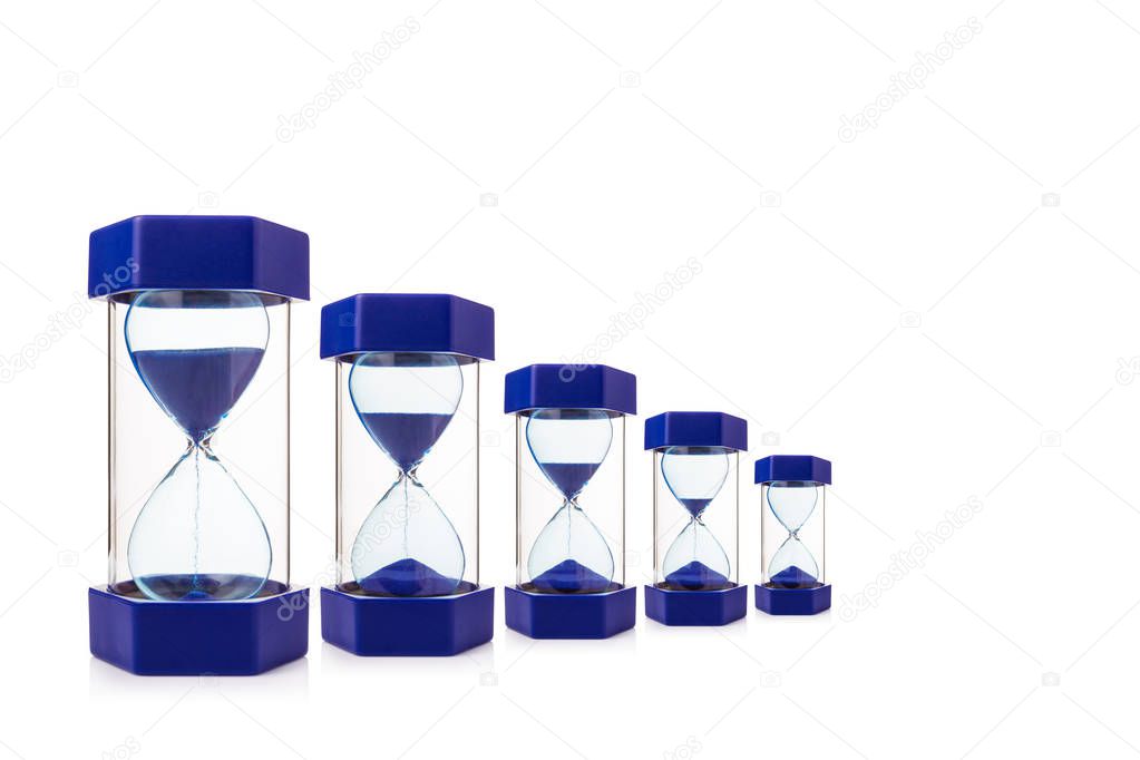 six hourglasses on white background showing blue sand dropping d