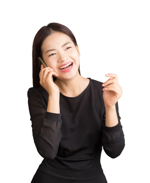 Asian young happy laughing woman talking on her cellphone, white — Stock Photo, Image