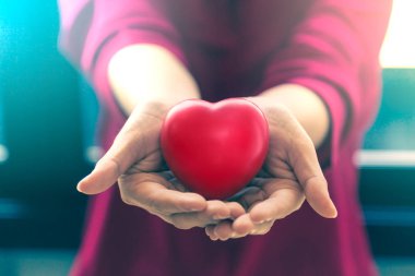 Female hands holding out red plastic hearts`
