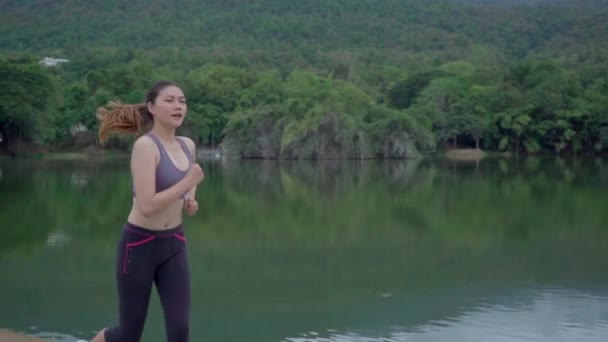一名年轻健康的亚洲女子在当地的一个公园里进行晨练 她的动作缓慢 她有着湖景和山景 有着健康的生活方式理念 — 图库视频影像
