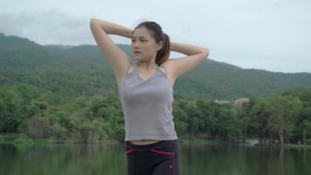 Young Fit Asian Woman Stretching Her Body Her Morning Exercise — 비디오