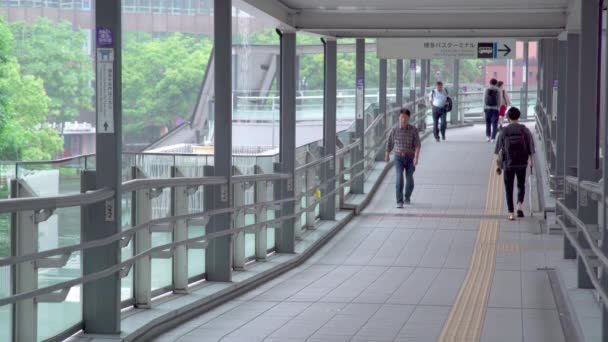 Fukuoka Japan July 2019 People Walk Walking Bridge Bus Terminal — Stock Video
