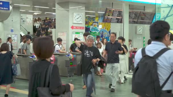 Fukuoka Japan July 2019 People Walk Out Train Station Exit — Stock Video