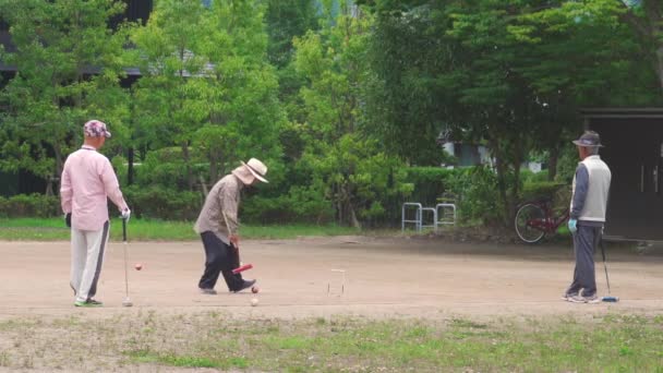 Yufuin Japan Juli 2019 Manliga Seniorer Spelar Krocket Eller Gateball — Stockvideo