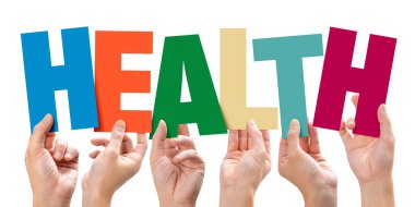 Beyaz arkaplanda erkek eli, sağlıklı yaşam alfabesi, iyi sağlık kavramı