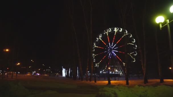 Pariserhjul roterar med nöjespark under mörka natthimlen — Stockvideo