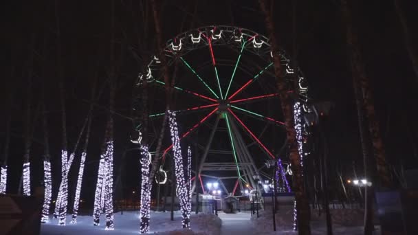 Rueda de la fortuna girando en el parque de atracciones bajo el cielo oscuro de la noche — Vídeos de Stock