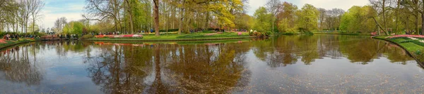 Spring Keukenhof Gardens. Panorama of lake. Horizontal panorama