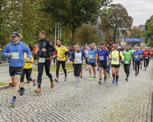 Hombres y mujeres corren maratón Magdeburgo 18 octubre 2015 — Foto de Stock