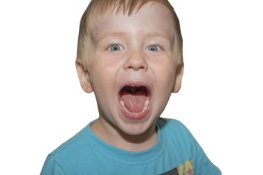 Little boy with a wide open mouth at the doctor. Isolated