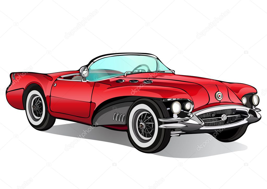 Vintage car. Retro red convertible without a roof with shadow. Vector isolated illustration