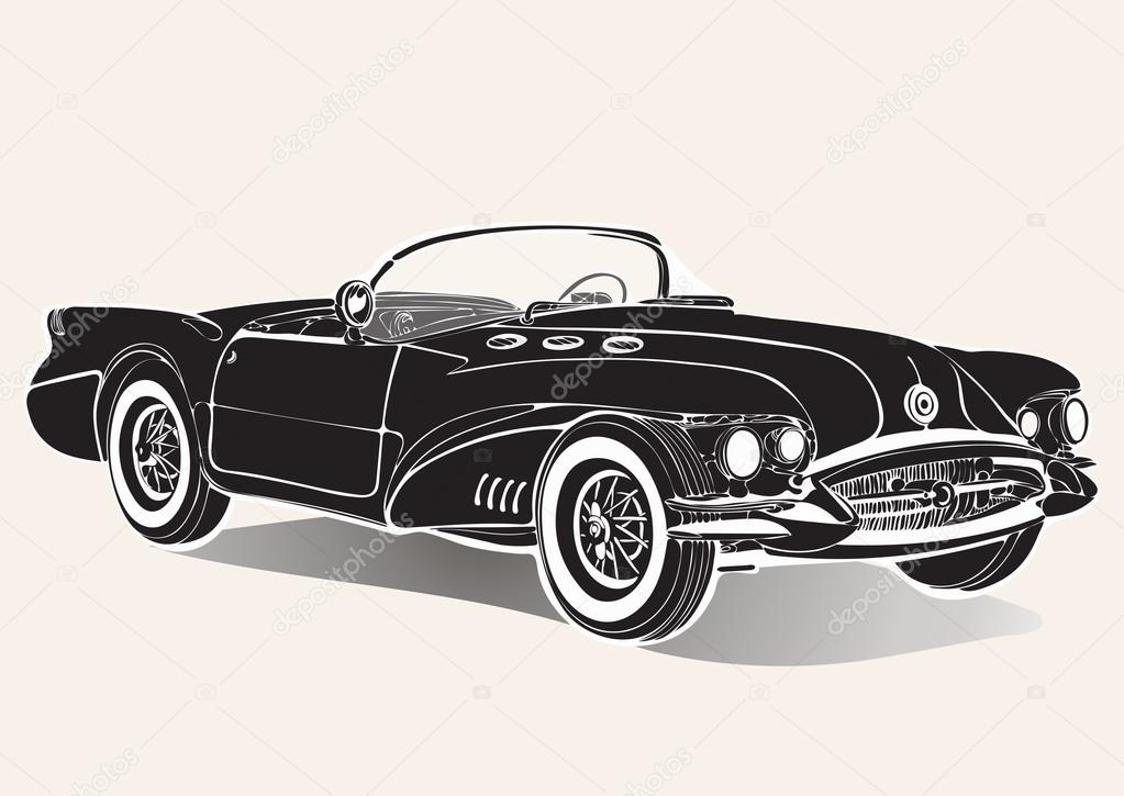 Vintage car. Retro black convertible without a roof with shadow, black and white drawing. Vector monochrome illustration