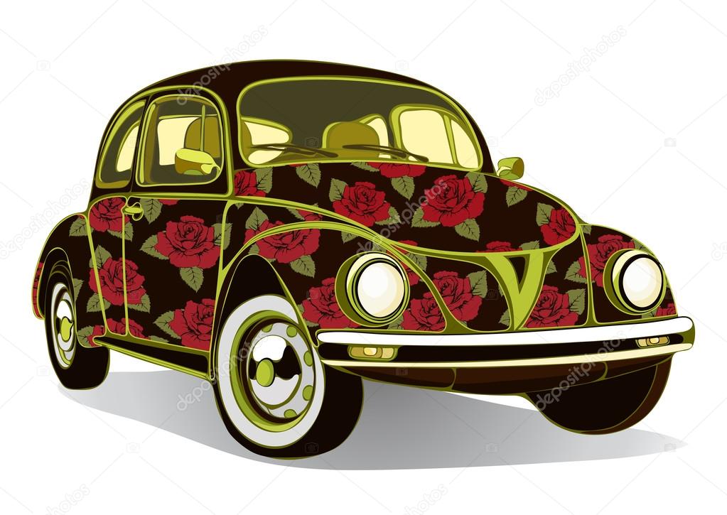 Vintage car decorated with roses. Retro floral cartoon cars  airbrushing. Vector isolated illustration