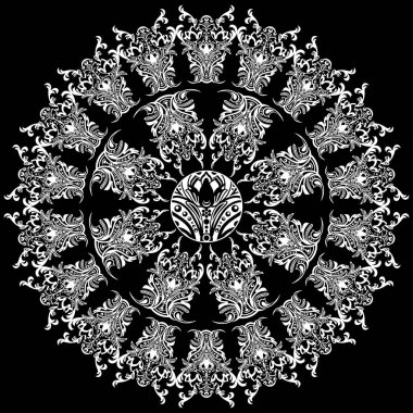 Mandala damasko çiçek desenli, Arabesk, yuvarlak şark süsleme, etnik tasarım ile. Arka plan için soyut geleneksel ince dokuma dekor. Siyah ve beyaz vektör çizim