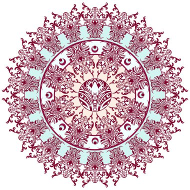 Mandala damasko çiçek desenli, Arabesk, yuvarlak şark süsleme, etnik tasarım ile. Arka plan için soyut geleneksel ince dokuma dekor. Kırmızı ve mavi renkleri, pastel tonları. Vektör çizim