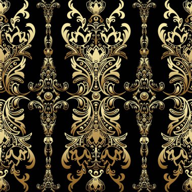 Altın damasko çiçek seamless modeli Arabesk, şark süsleme, lüks tasarımı ile. Arka planlar doğal motifleri, duvar kağıdı, kumaş, dekorasyon için soyut geleneksel dekor. Vektörel Clipart