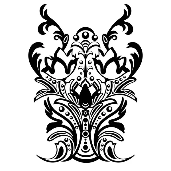 Motif floral damassé avec arabesque, ornement oriental. Décor traditionnel abstrait pour milieux. Couleurs noir et blanc, monochrome — Image vectorielle