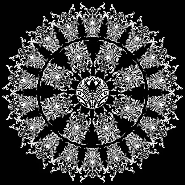 Mandala com padrão floral damasco, arabesco, ornamento oriental redondo, design étnico. Decoração tradicional abstrato finamente tecido para fundos. Ilustração vetorial em preto e branco —  Vetores de Stock