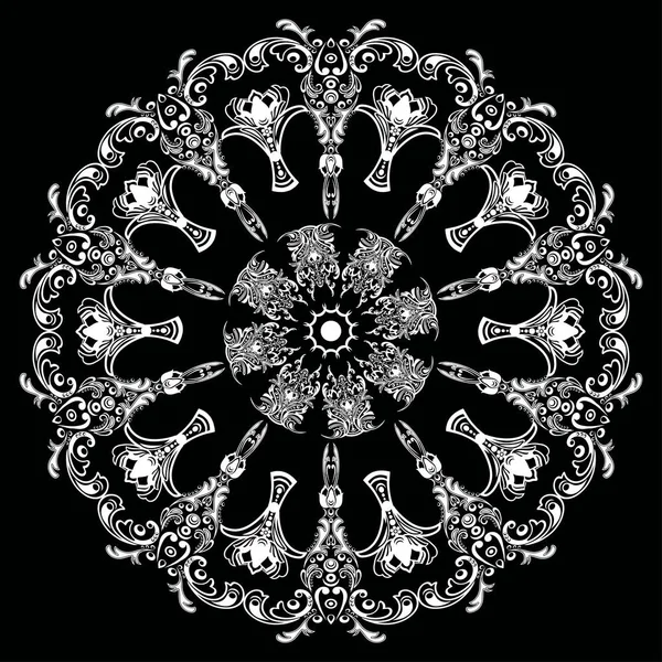 Mandala med damast blommönster, arabesque, runda orientalisk prydnad, etniska design. Abstrakta traditionella fint vävda inredning för bakgrunder. Svart och vit vektorillustration — Stock vektor
