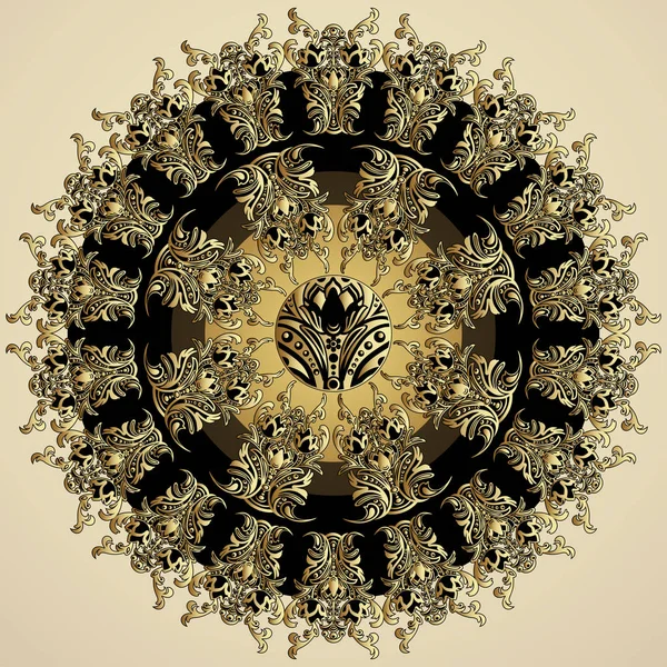 Mandala doré avec motif floral damassé, arabesque, ajourée, ornement oriental rond. Décor abstrait traditionnel finement tissé pour les fonds. Design de luxe, bijoux précieux. Est, ethnique — Image vectorielle
