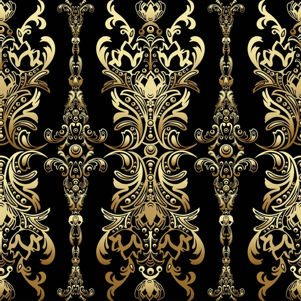 ゴールド花柄シームレスなダマスク アラベスク、オリエンタル飾り、豪華なデザインと。自然モチーフの背景、壁紙、ファブリック、装飾のための抽象的な伝統的な内装。ベクター アート — ストックベクタ