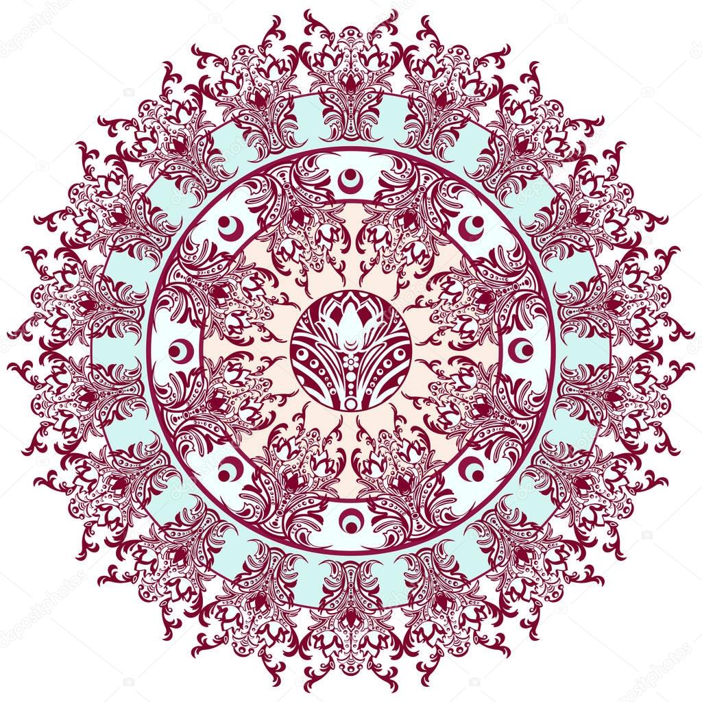 Mandala with damask floral pattern, arabesque, round oriental ornament, ethnic design. Abstract traditional finely woven decor for backgrounds. Red and blue colors, pastel shades. Vector illustration