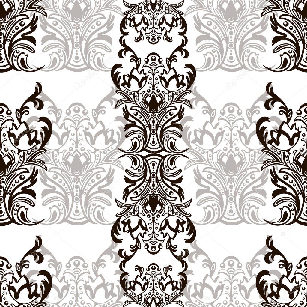 Damask floral seamless pattern with arabesque, oriental ornament. Abstract traditional decor for backgrounds, wallpaper, fabric design, decoration. Black and white colors, monochrome. Vector ClipArt