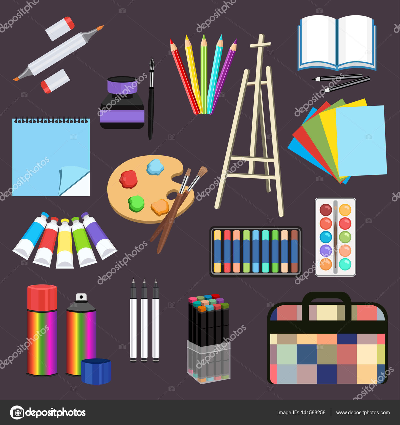 Realistic art supplies, set art materials. Professional art marker, colored  pencil, sketchbook, palette and brush, easel, paint in tube, watercolor,  spray paint, liner, pen and ink, pastel, bag Stock Vector by ©Eva_Che