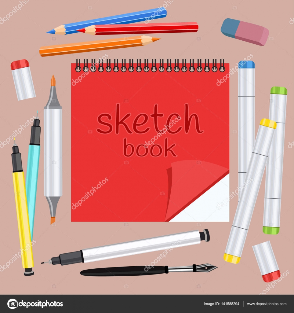 Sketchbook art marker con due punte capillare maniglie multicolore matite colorate piuma gomma Artista di reception Og ti di disegno vettoriale per