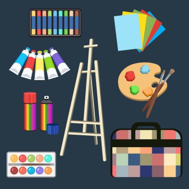 Gerçekçi sanat malzemeleri, set sanat malzemeleri. Şövale, pastel, palet ve fırça, sprey boya can, kağıt, torba tüpler, sulu boya, boya. Resim Çizme, boyama ve yaratıcılık için vektör nesneleri