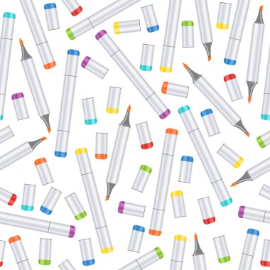 İşaretleyicileri seamless modeli, arka plan sanat. Beyaz zemin üzerinde gerçekçi çok renkli profesyonel sanat işaretçisi. Vektör sanat malzemeleri, duvar kağıdı tasarım, sarıcı, kapak, dekorasyon için malzemeler