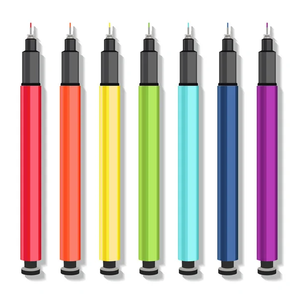 Realistische kunst benodigdheden, stel veelkleurige grepen capillaire pen, liners alle kleuren van de regenboog. Vector kunst materialen voor grafische, tekening — Stockvector