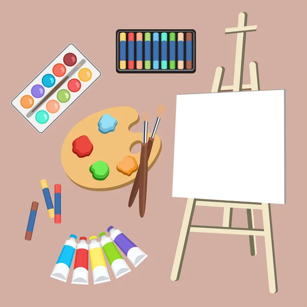 Realistic art supplies, set art materials. Artist Accessories. Easel, canvas, tablet, pastel, paint in tubes, watercolor, palette and brush. Vector objects for drawing, painting — Stock Vector