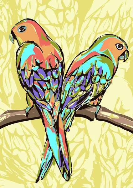 Perroquets abstraits, animaux stylisés. Motley oiseaux multicolores dans un style graphique assis sur une branche, sur le fond marbré texture. Vecteur — Image vectorielle