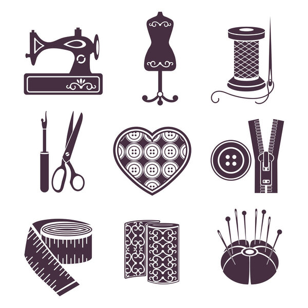 Набор векторных иконок швейных инструментов. Фиолетовые швейные принадлежности на белом фоне
