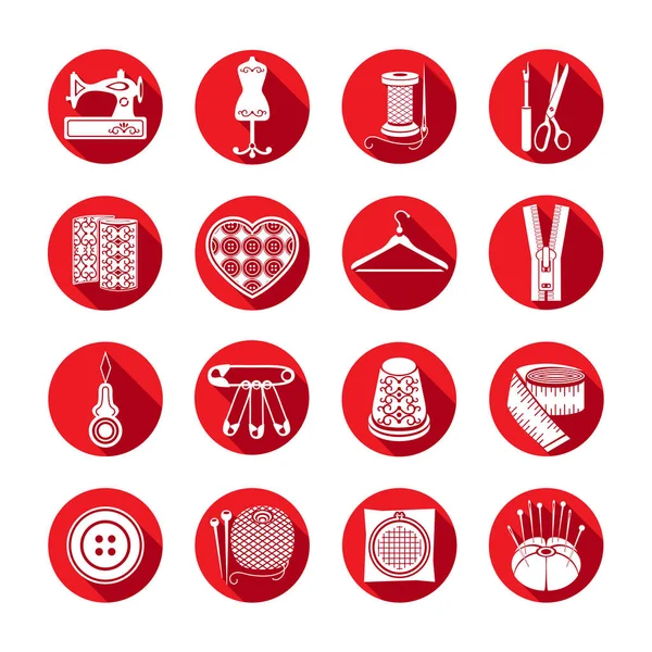 Set of vector icons sewing tools. White sewing supplies in a round red frame — Stock Vector