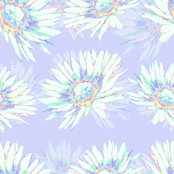 Patrón sin costura flor de manzanilla, fondo vector floral. Flores blancas y multicolores con pétalos en el fondo violeta. Para el diseño de papel pintado, envoltura, tela, impresión — Archivo Imágenes Vectoriales