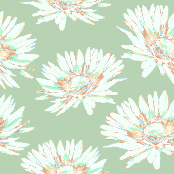 Chamomile flower seamless pattern, floral vector background. Pink and multicolor flowers with petals on the green backdrop. For the design of wallpaper, wrapper, fabric, print — Stock Vector