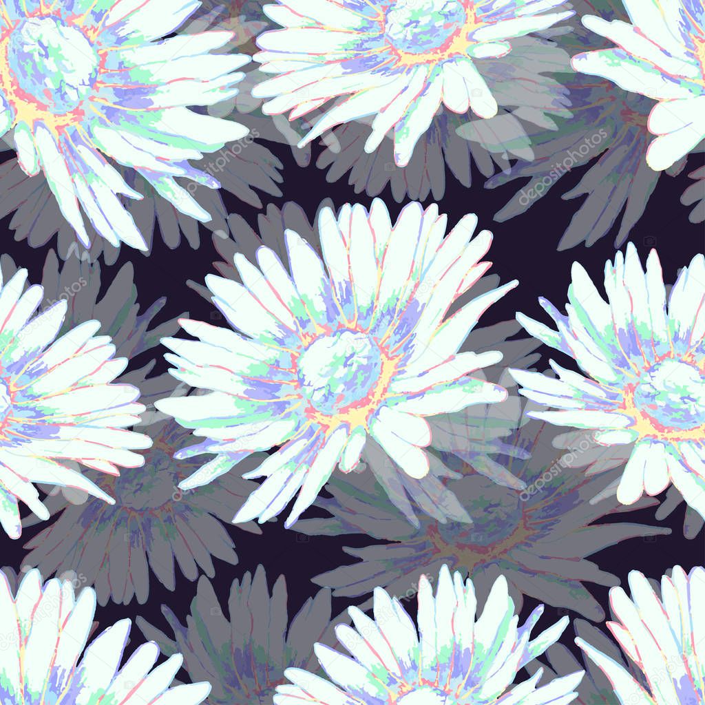 Chamomile flower seamless pattern, floral vector background. White and multicolor flowers with petals on the dark violet backdrop. For the design of wallpaper, wrapper, fabric, print