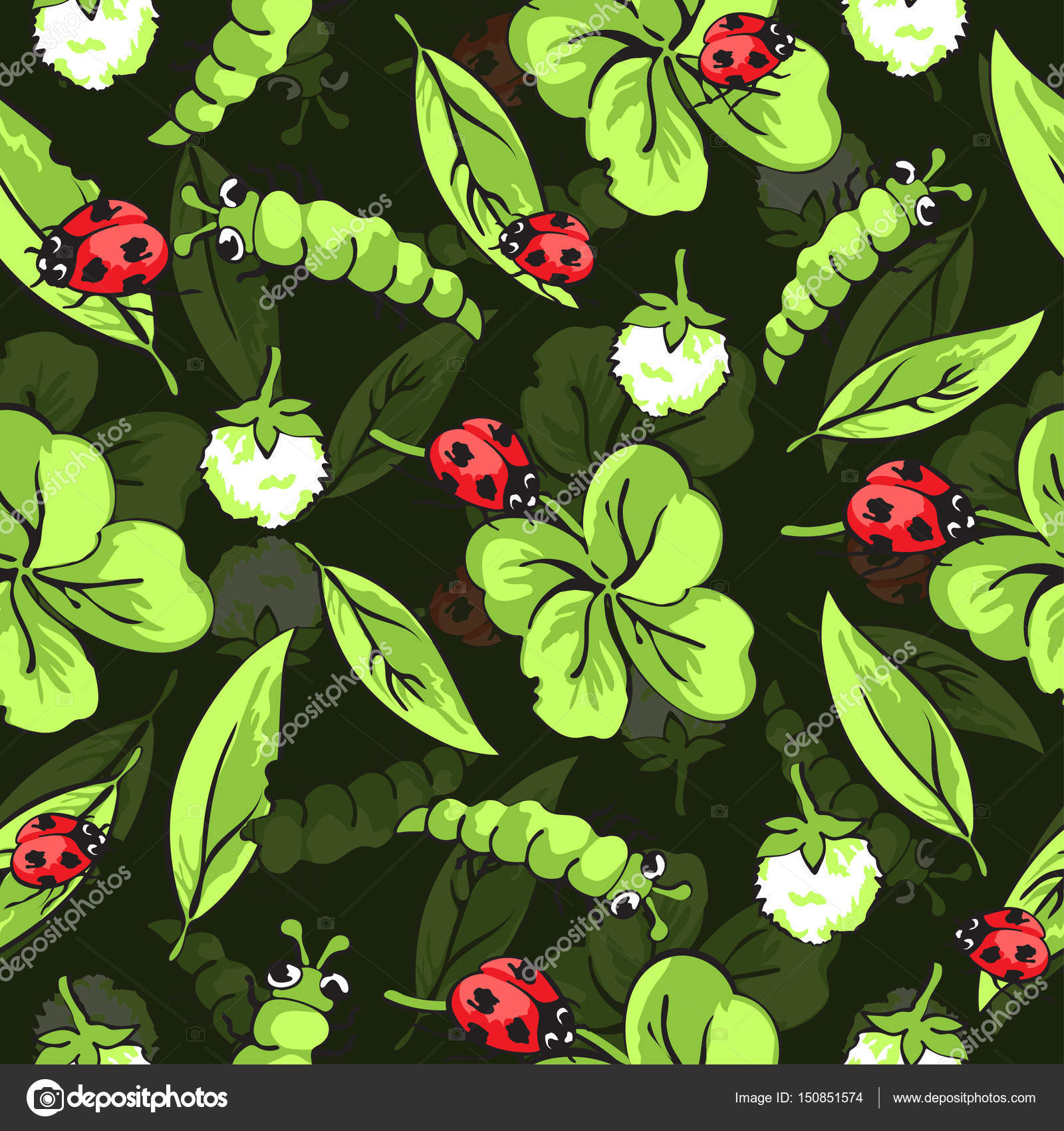 Cartoon hand drawing beetle ladybug and caterpillars, leaves and flowers of  clover seamless pattern, vector background. Funny insects on a green  backdrop. For fabric design, wallpaper Stock Vector Image by ©Eva_Che  #150851574