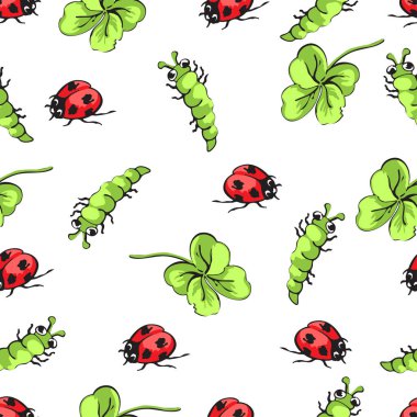 El çizimi böcek uğur böceği, tırtıllar ve Yaprak yonca seamless modeli, vektör arka plan karikatür. Komik böcekler beyaz zemin üzerinde. Kumaş tasarımı için duvar kağıdı